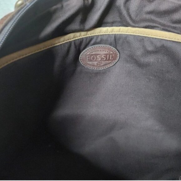 Fossil Cow Hide Leather Canvas Double Handle Laptop Messenger Crossbody Bag Tote - Picture 7 of 8